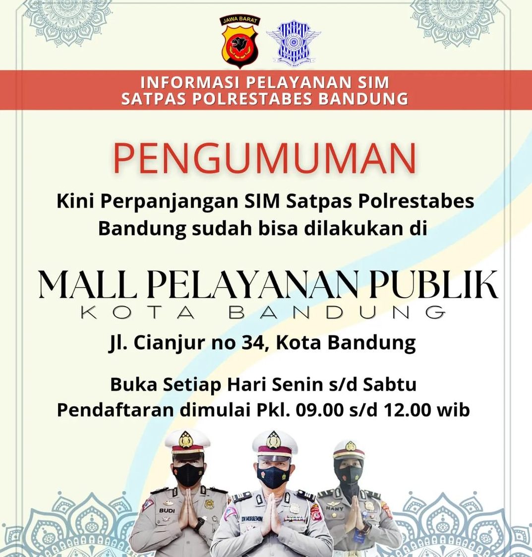 Pelayanan perpanjangan SIM A dan C di Mal Pelayanan Publik (MPP) Kota Bandung di Jalan Cianjur Kota Bandung bisa diakses setiap Senin sampai Sabtu, pendaftaran mulai Pukul 09.00 sampai 12.00 WIB. Ft Dok Humas Kota Bandung.